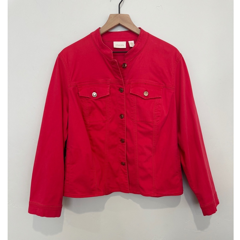 Chicos Red Button Front Mock Neck Jacket Cotton Blend Nautical Preppy XL Size 3